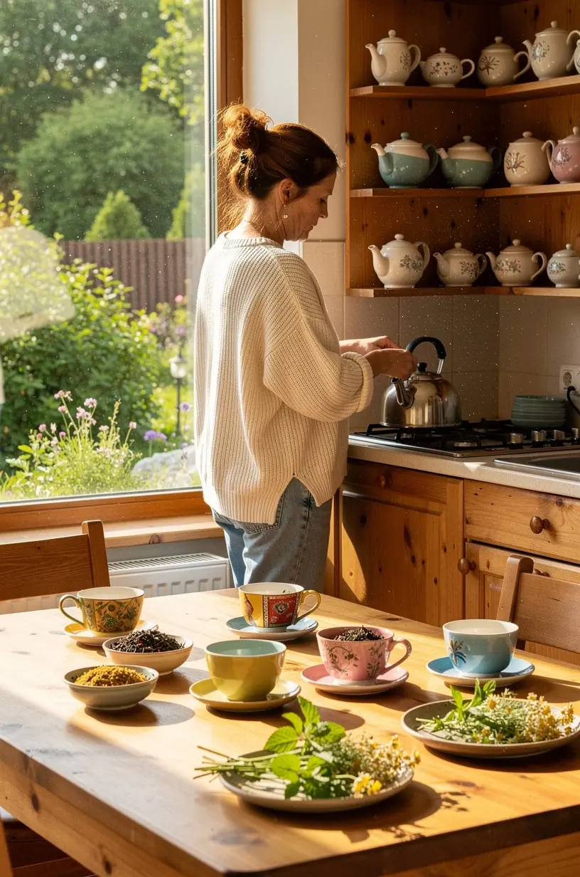 Stiklinė arbatos šalia dienoraščio ir puodeliai ant medinio stalo, reprezentuojantys sąmoningą arbatos gėrimo rutiną ir geriamojo režimo svarbą sveikatai.
