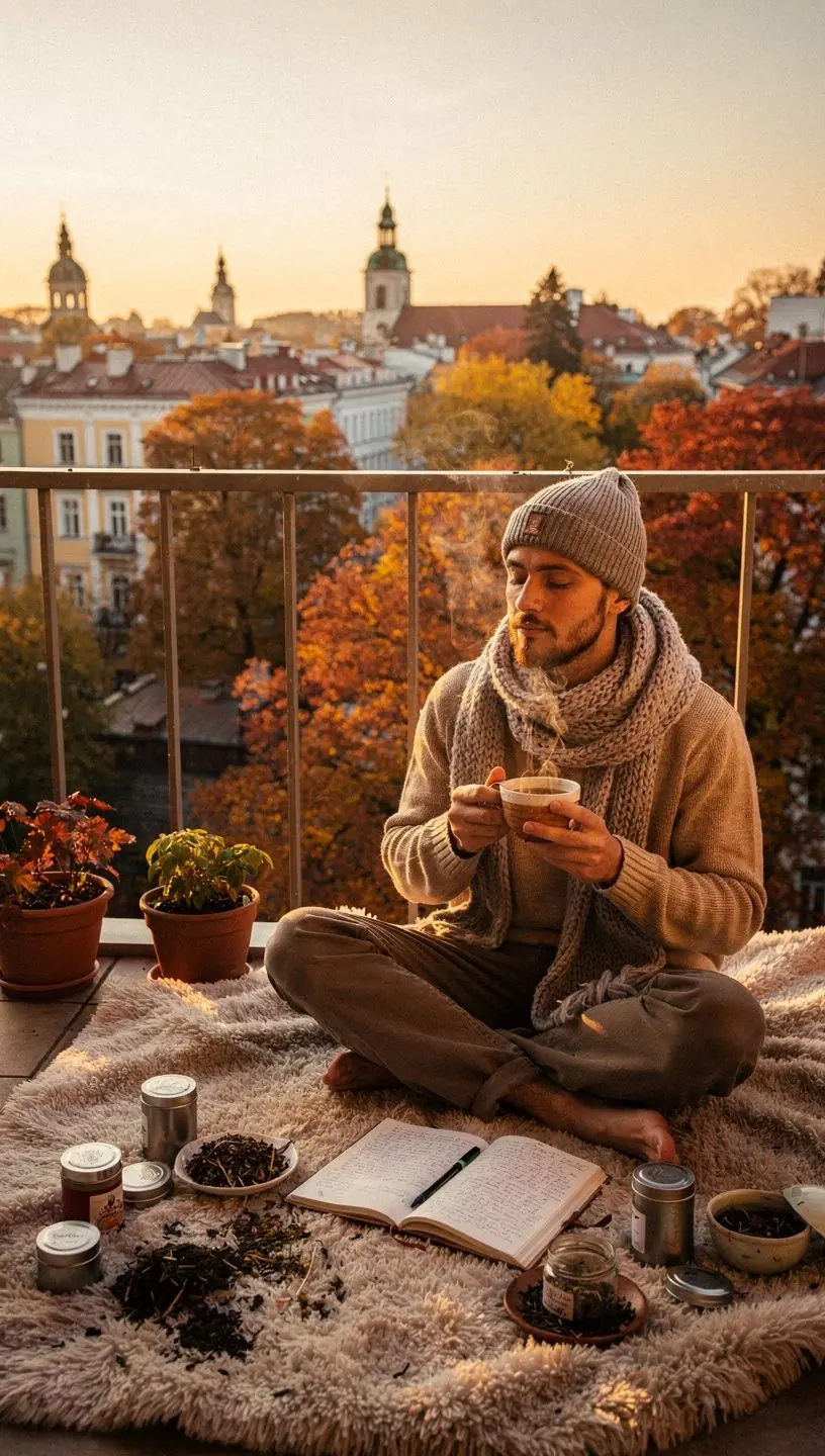 Arbatos puodelis ant stalo šalia natūralaus medžio gabalėlio, simbolizuojantis sąmoningą arbatos vartojimą.